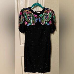 Stenay beaded knee length gown 80’s retro vintage design. Size 4 petite